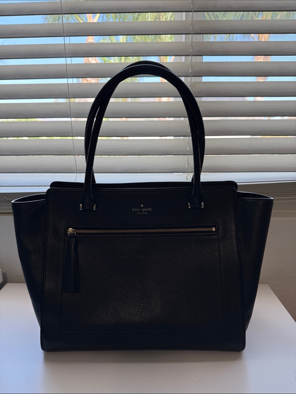 kate spade Black Pebbled Leather Tote with Front Zip Pocket